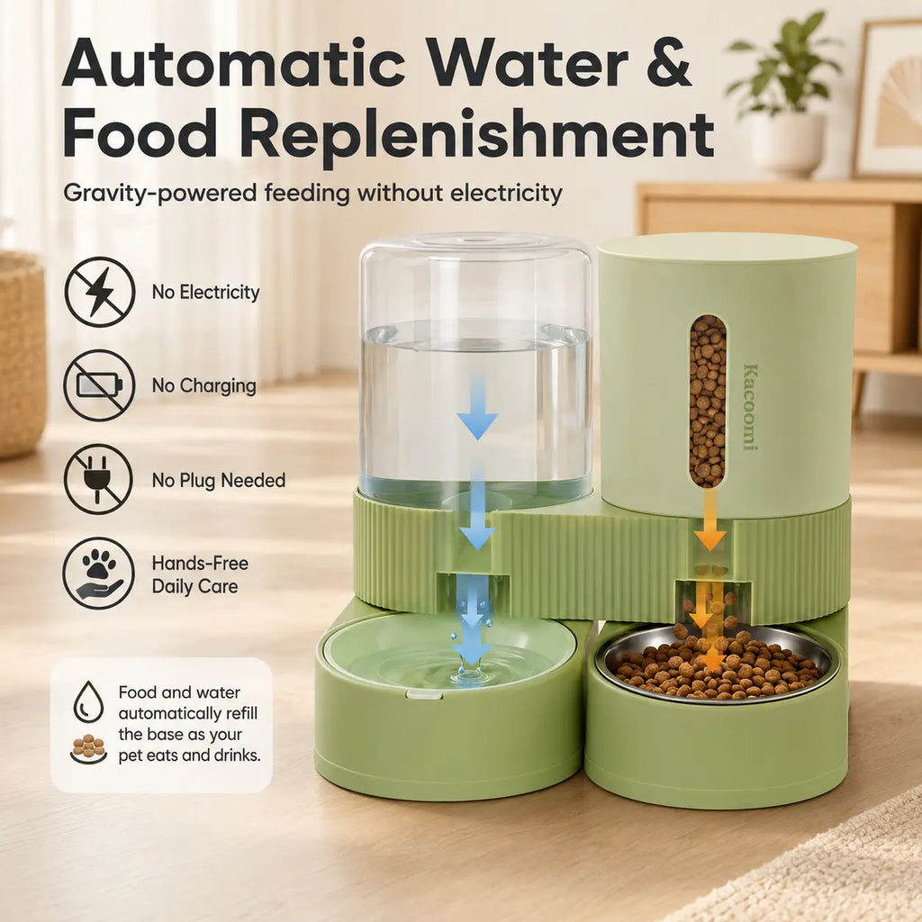Kacoomi 2-Pack Automatic Gravity Feeder & Water Dispenser Set for Cats, Dogs - 2.4L Auto-Refill Water, 88Oz Mess-Free Food, Large-Capacity Stainless Steel Bowl, Easy-Clean Materials Simplify Upkeep