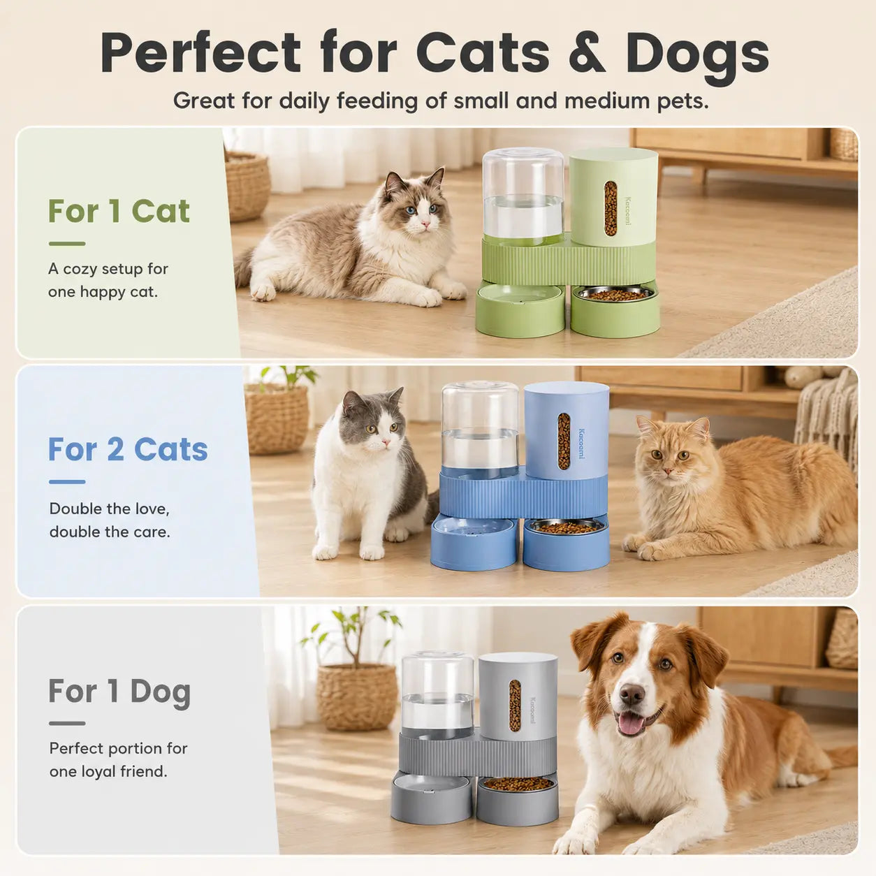 Kacoomi 2-Pack Automatic Gravity Feeder & Water Dispenser Set for Cats, Dogs - 2.4L Auto-Refill Water, 88Oz Mess-Free Food, Large-Capacity Stainless Steel Bowl, Easy-Clean Materials Simplify Upkeep
