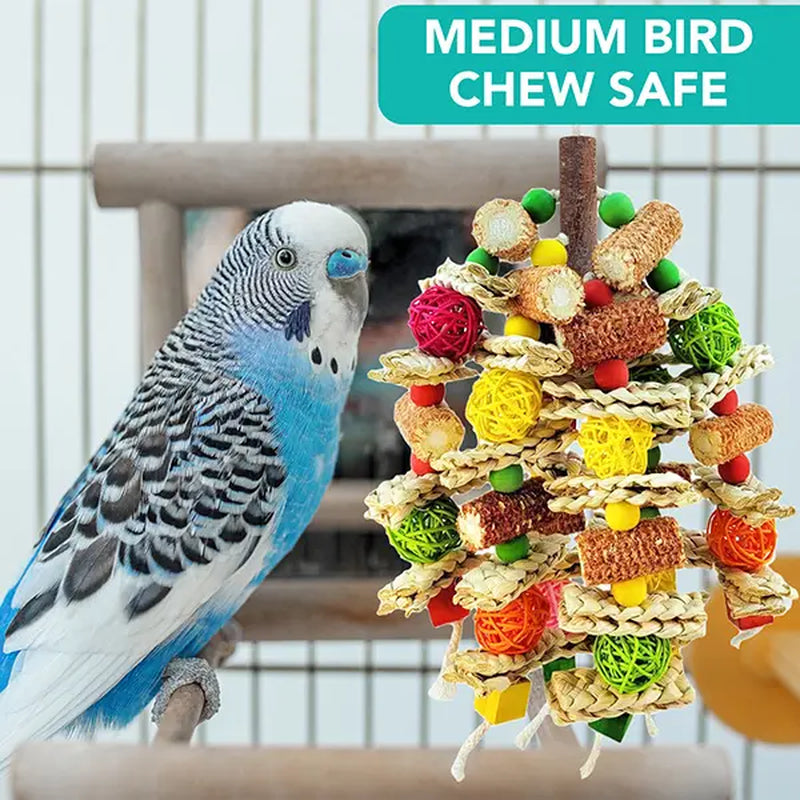 Handmade Medium/Large Bird Chew Toys, Stimulating Entertainment Toys with Natural Corn Cob, Corn Husk and Loofah Slices for African Grey Parrots, Macaws, Cockatoos, Amazon Parrots (Colorful)