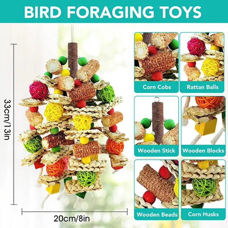 Handmade Medium/Large Bird Chew Toys, Stimulating Entertainment Toys with Natural Corn Cob, Corn Husk and Loofah Slices for African Grey Parrots, Macaws, Cockatoos, Amazon Parrots (Colorful)