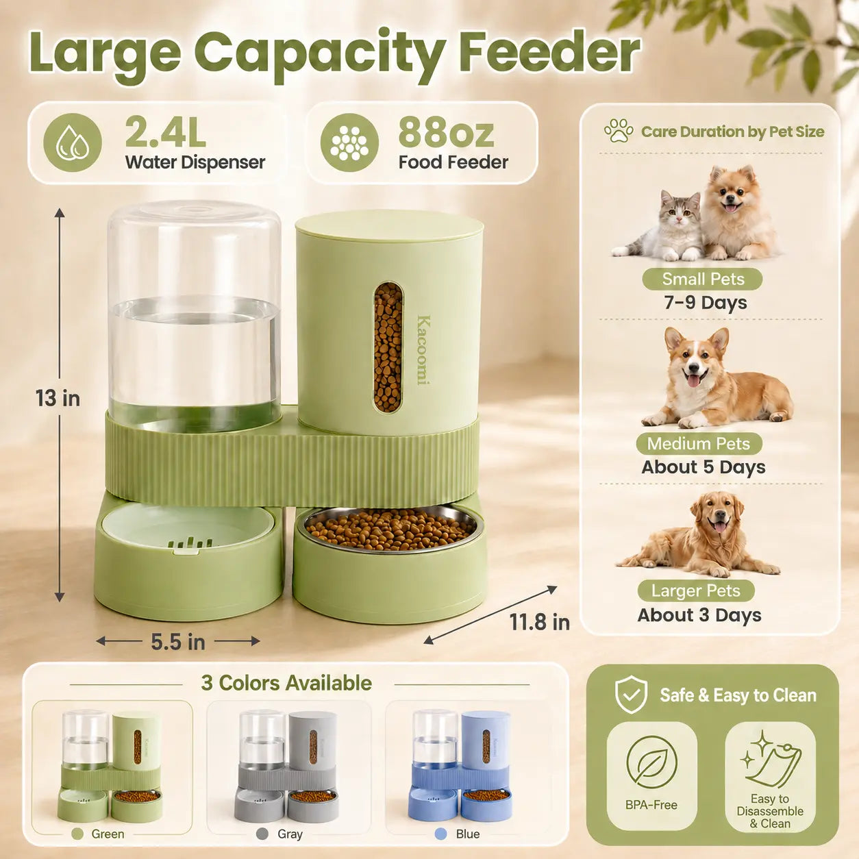 Kacoomi 2-Pack Automatic Gravity Feeder & Water Dispenser Set for Cats, Dogs - 2.4L Auto-Refill Water, 88Oz Mess-Free Food, Large-Capacity Stainless Steel Bowl, Easy-Clean Materials Simplify Upkeep