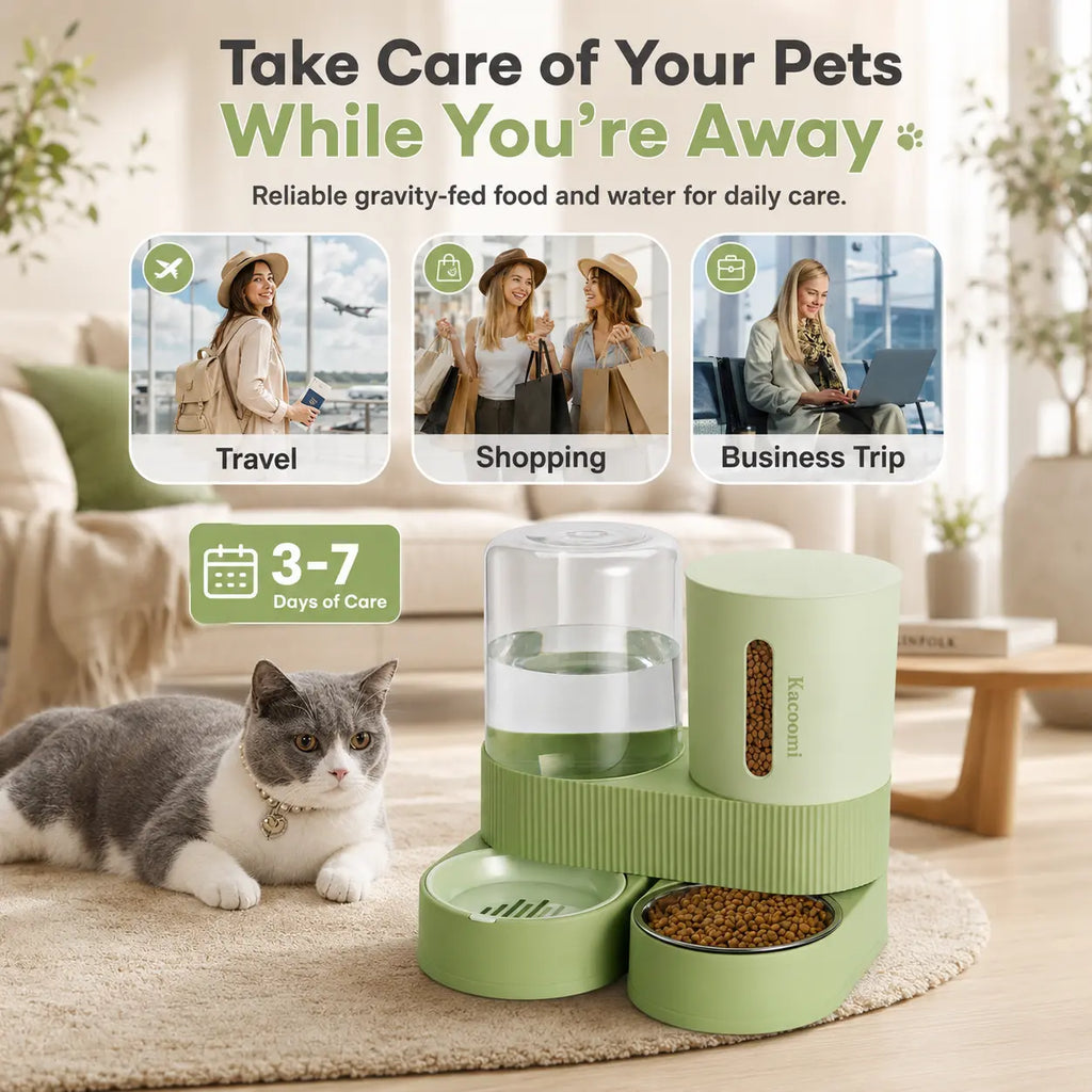 Kacoomi 2-Pack Automatic Gravity Feeder & Water Dispenser Set for Cats, Dogs - 2.4L Auto-Refill Water, 88Oz Mess-Free Food, Large-Capacity Stainless Steel Bowl, Easy-Clean Materials Simplify Upkeep