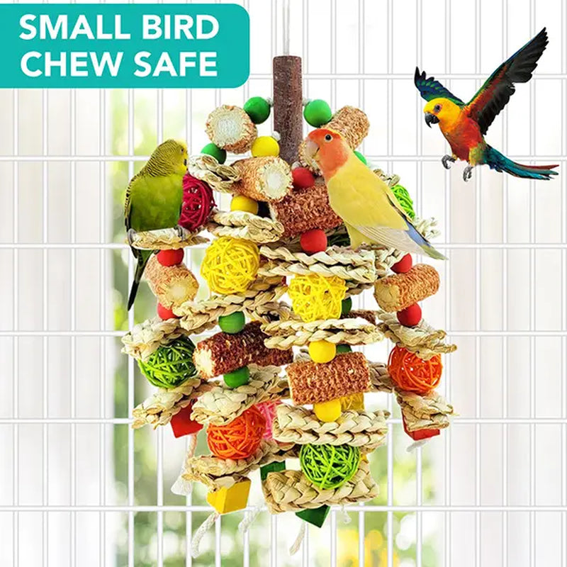 Handmade Medium/Large Bird Chew Toys, Stimulating Entertainment Toys with Natural Corn Cob, Corn Husk and Loofah Slices for African Grey Parrots, Macaws, Cockatoos, Amazon Parrots (Colorful)