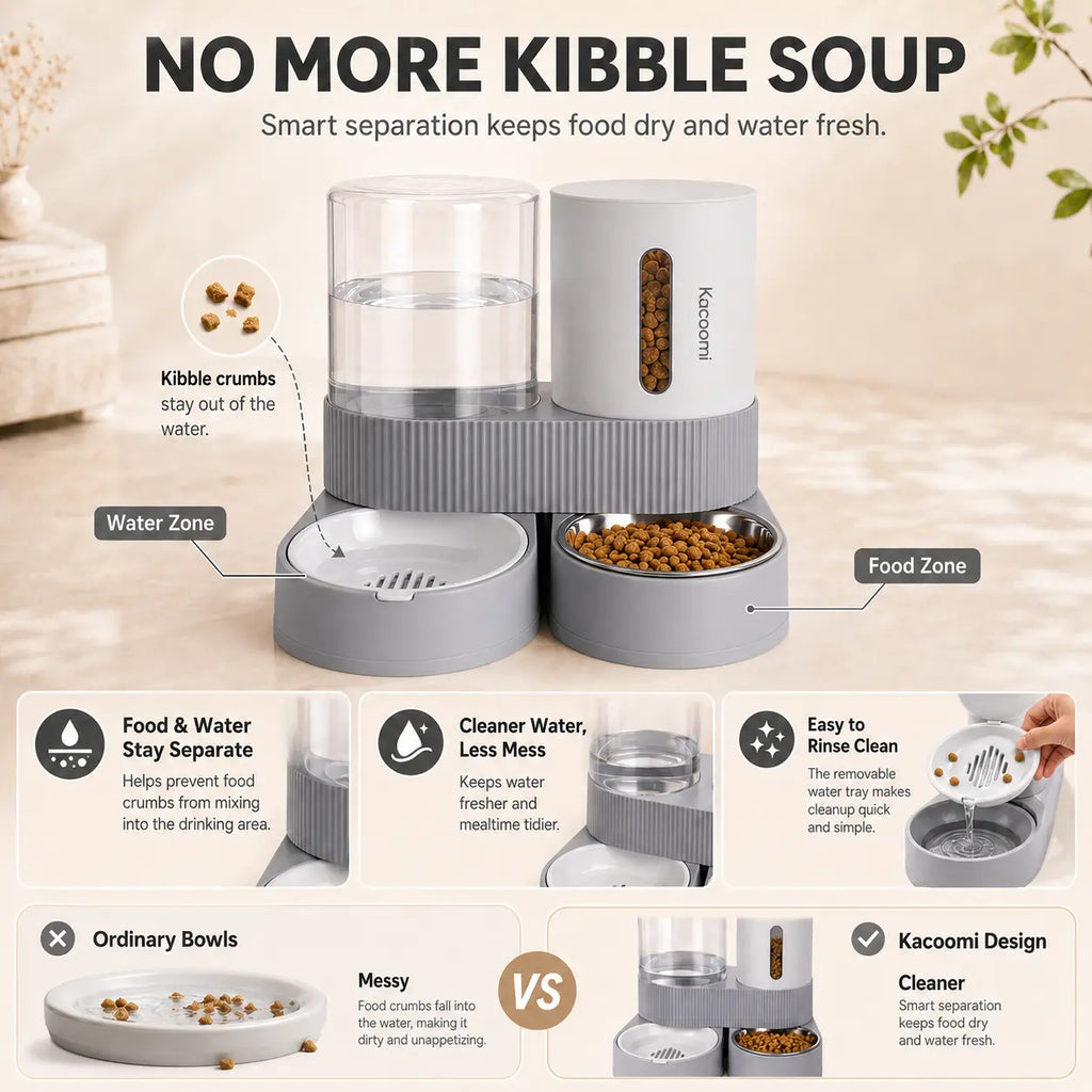 Kacoomi 2-Pack Automatic Gravity Feeder & Water Dispenser Set for Cats, Dogs - 2.4L Auto-Refill Water, 88Oz Mess-Free Food, Large-Capacity Stainless Steel Bowl, Easy-Clean Materials Simplify Upkeep