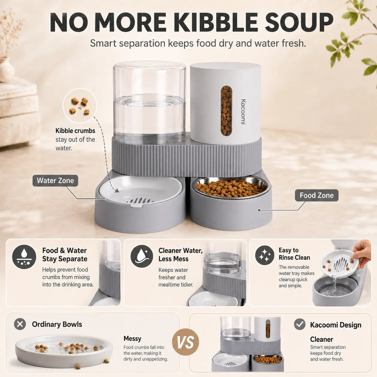 Kacoomi 2-Pack Automatic Gravity Feeder & Water Dispenser Set for Cats, Dogs - 2.4L Auto-Refill Water, 88Oz Mess-Free Food, Large-Capacity Stainless Steel Bowl, Easy-Clean Materials Simplify Upkeep
