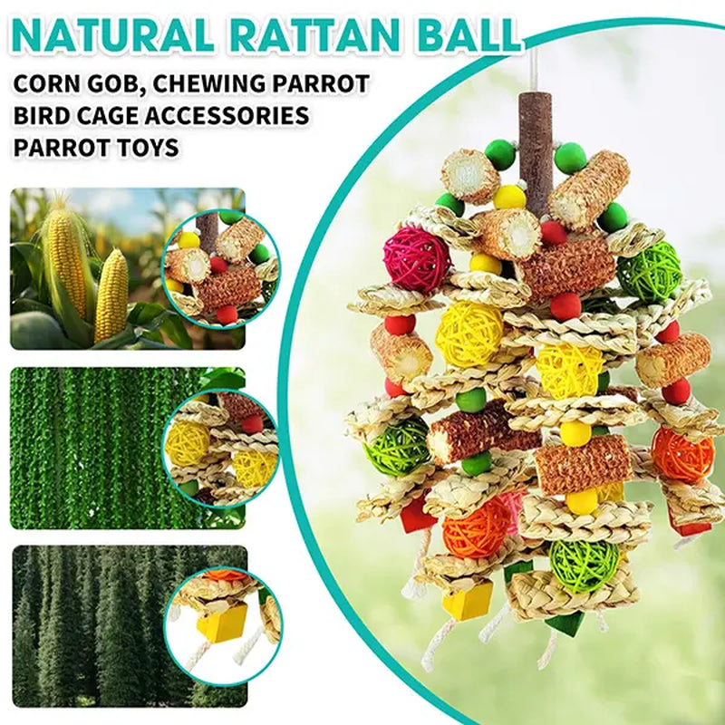 Handmade Medium/Large Bird Chew Toys, Stimulating Entertainment Toys with Natural Corn Cob, Corn Husk and Loofah Slices for African Grey Parrots, Macaws, Cockatoos, Amazon Parrots (Colorful)