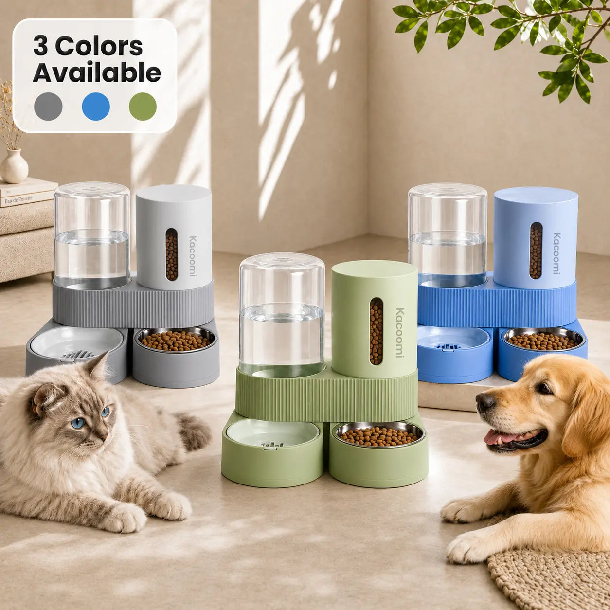 Kacoomi 2-Pack Automatic Gravity Feeder & Water Dispenser Set for Cats, Dogs - 2.4L Auto-Refill Water, 88Oz Mess-Free Food, Large-Capacity Stainless Steel Bowl, Easy-Clean Materials Simplify Upkeep