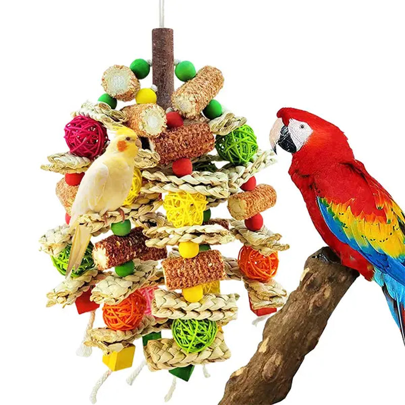 Handmade Medium/Large Bird Chew Toys, Stimulating Entertainment Toys with Natural Corn Cob, Corn Husk and Loofah Slices for African Grey Parrots, Macaws, Cockatoos, Amazon Parrots (Colorful)
