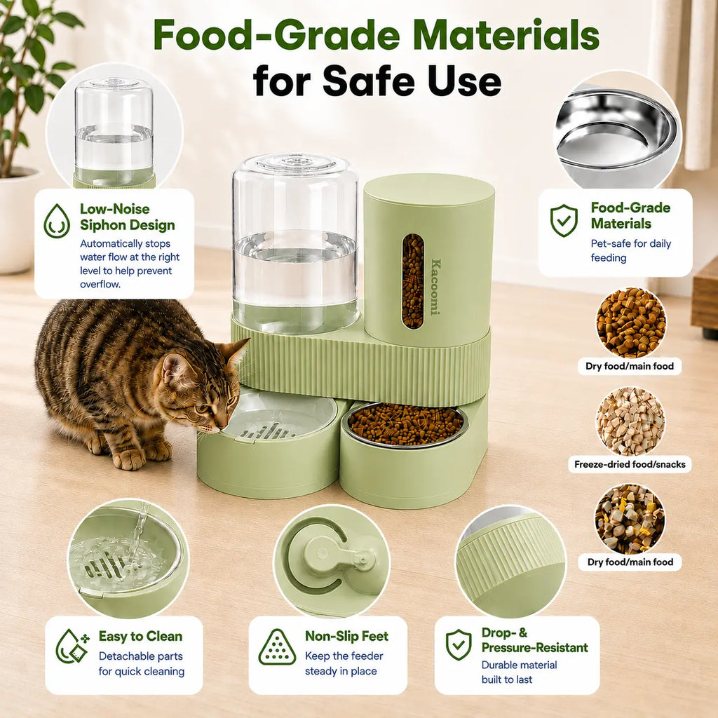 Kacoomi 2-Pack Automatic Gravity Feeder & Water Dispenser Set for Cats, Dogs - 2.4L Auto-Refill Water, 88Oz Mess-Free Food, Large-Capacity Stainless Steel Bowl, Easy-Clean Materials Simplify Upkeep