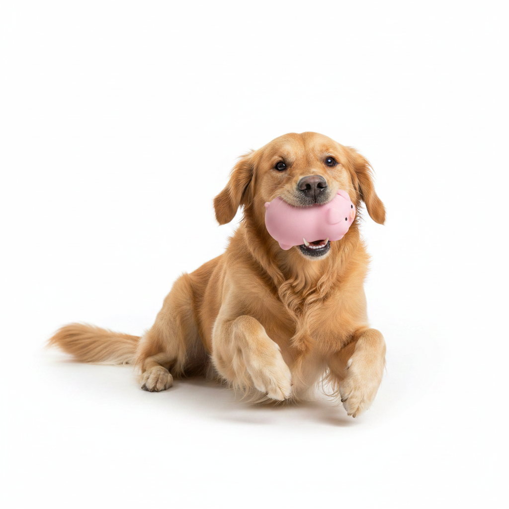 Perro jugando con juguete cerdito